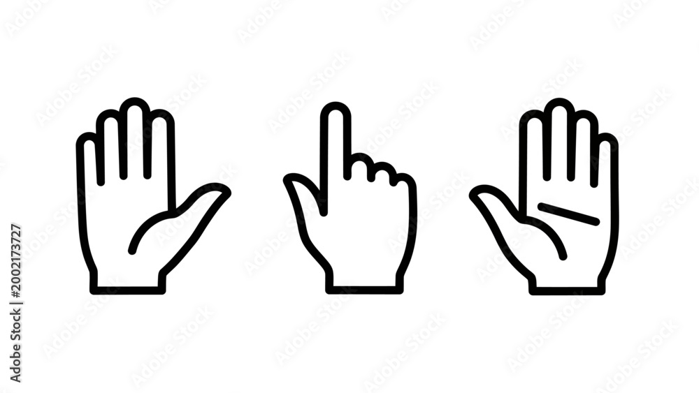 Fototapeta premium Set of three hand gesture icons outline style with pointing interactive interface communication selection navigation handshake interaction graphics minimalist collection pictogram isolated