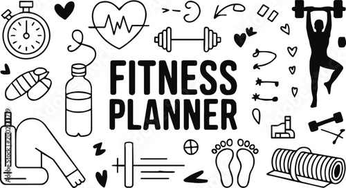 fitness planner minimalist black and white doodles for wellness