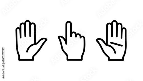 Set of three hand gesture icons outline style with pointing interactive interface communication selection navigation handshake interaction graphics minimalist collection pictogram isolated