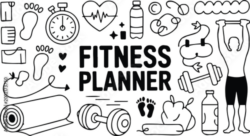 fitness planner printable cover with exercise icons and journal