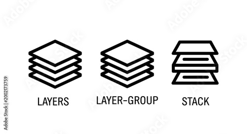 Digital file and layer organization icon set with organization software interface graphics structure management workflow arrangement component application productivity classification