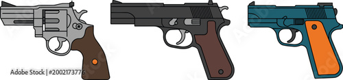 Detailed vector illustration of revolver and semi‑automatic pistols showcasing diverse handgun designs, colors, and firearm styles