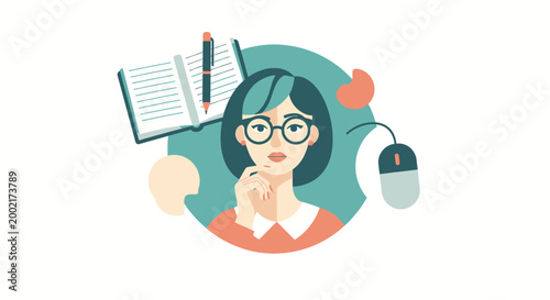 Woman with glasses studies at desk with computer and books nearby indoors