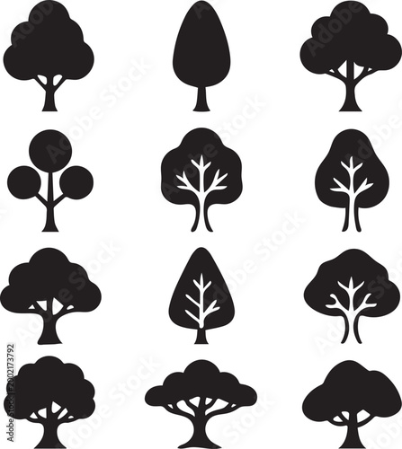 A collection of black silhouette tree icons with nature elements like leaves, flowers, birds, and butterflies in a seamless decorative design