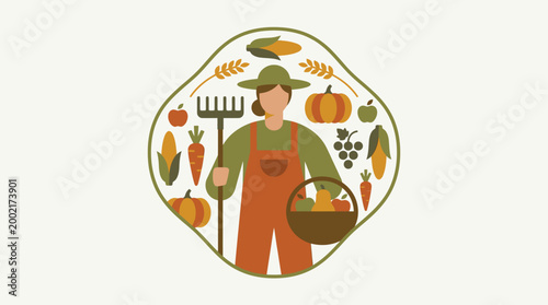 Farmer holding basket and pitchfork surrounded by fresh vegetables and fruits