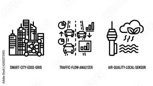 Smart city technology edge grid traffic flow analyzer and local air quality sensor icons with infrastructure analyzer technology monitoring environment pollution building analytics development