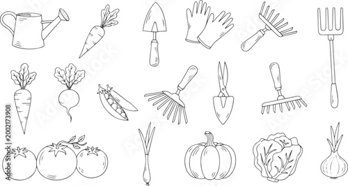 Garden tools and vegetables doodle icon set vector illustration