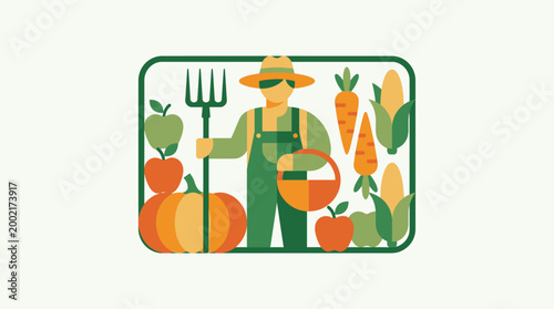 A farmer holds a pitchfork surrounded by fresh vegetables and fruits.