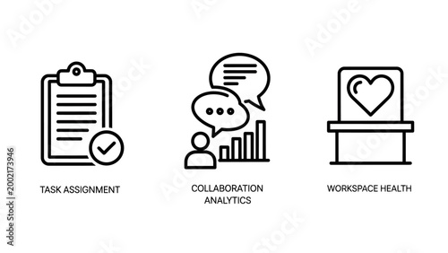 Set of three corporate office management and workplace culture icons with assignment collaboration analytics workplace management business teamwork workflow checklist employee engagement