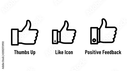 Set of three thumbs up and positive feedback social media icons with positive feedback approval communication interface minimalist isolated engagement customer satisfaction excellent