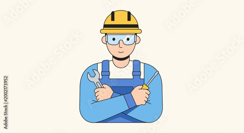 A smiling cartoon man in a yellow hard hat and blue overalls holds tools.