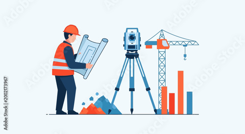 A construction worker operates a surveying instrument on a building site with a crane.