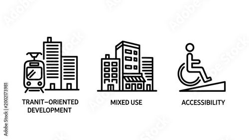 Set of three urban planning transportation and accessibility icons with oriented development accessibility planning transport infrastructure building wheelchair disability architecture