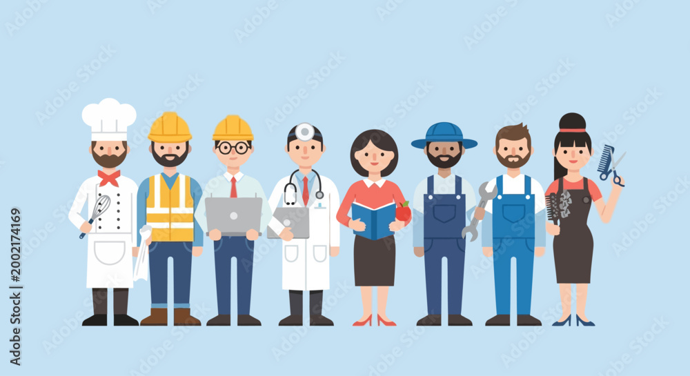Fototapeta premium A diverse group of workers including a chef, engineer, doctor, and others standing together in unity and profession.