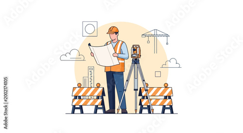 A construction worker in orange vest examines plans on-site with surveying equipment and barriers around.