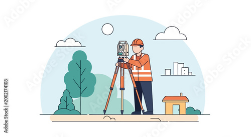 Surveyor uses equipment to measure land near a house and trees.