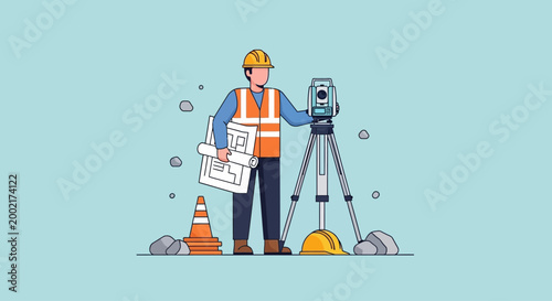 A construction worker operates surveying equipment on a site with a safety vest and hard hat.