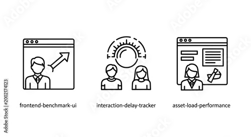 Business performance and online analytics line icon set with business performance analytics optimization management strategy marketing tracking analysis corporate improvement increase