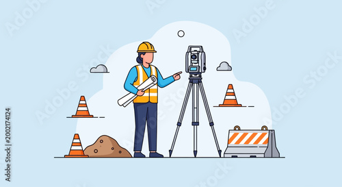 A worker operates surveying equipment on a construction site with traffic cones.