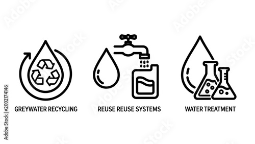 Water treatment and greywater recycling line icon set with recycling treatment greywater conservation environment purification chemistry sustainability resource management plumbing industry