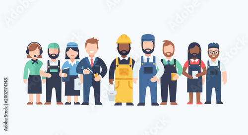 A diverse group of people in various occupations are standing together.