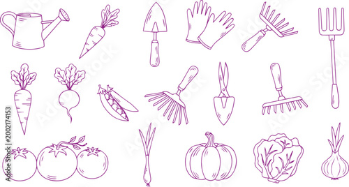 Garden tools and vegetables doodle icon set vector illustration