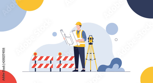 A construction worker stands on a site with equipment and barricades nearby.