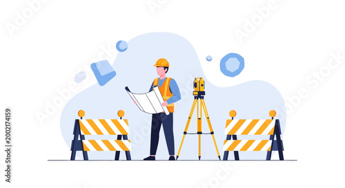 Construction workers operate surveying equipment on a building site with barriers
