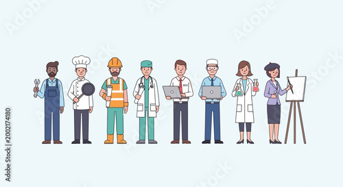 Eight diverse professionals standing in a line with various occupations and tools.