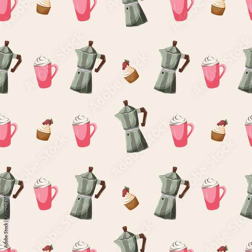 Seamless coffee pattern with moka pot, cups and desserts. Cozy cafe style design perfect for packaging, textile, wrapping paper and warm food backgrounds.