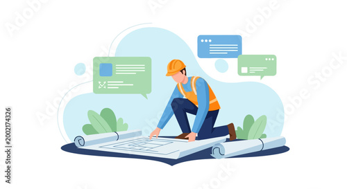 A construction worker in an orange vest crouches on a large blueprint discussing plans.