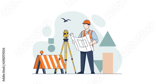 Two workers operate surveying equipment while another examines plans