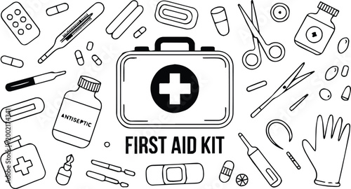 first aid kit box surrounded by bandage pills gloves and tools