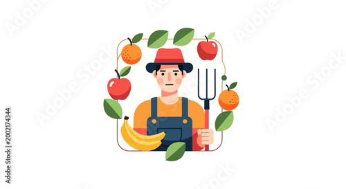 A smiling farmer holds a pitchfork surrounded by apples, oranges, and bananas.