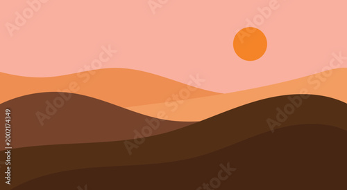 Minimal Desert Landscape with Sunset and Rolling Sand Dunes Vector Illustration
