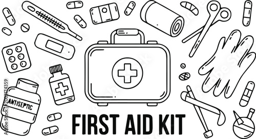 first aid kit illustration with medical supplies and emergency items