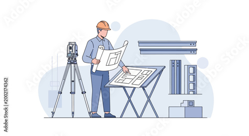 A construction worker in a hard hat examines blueprints next to a surveying tripod and building materials on a site.