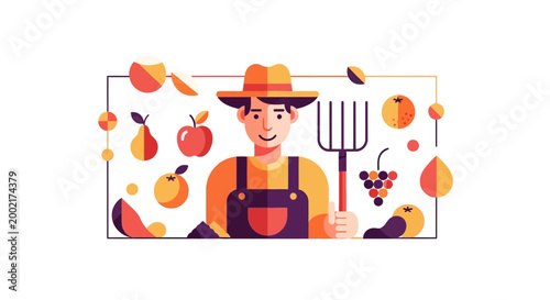 Farmer holds pitchfork surrounded by falling apples and leaves outdoors