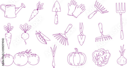 Garden tools and vegetables doodle icon set vector illustration