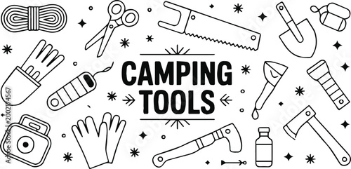 camping tools vector outline rope saw scissors shovel axe knife bottle