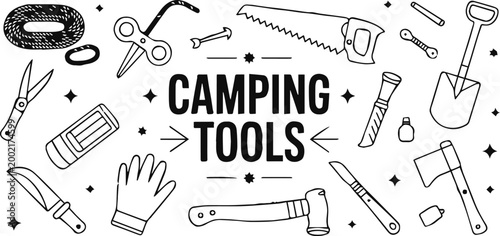 camping tools outline icons rope axe knife shovel flashlight gears set