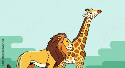 Cartoon Lion and Giraffe Standing Together Friendly.