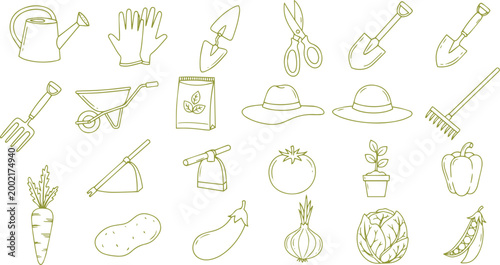 Garden tools and vegetables doodle icon set vector illustration