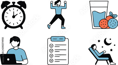 routine flat icons morning workout hydration laptop checklist bedtime