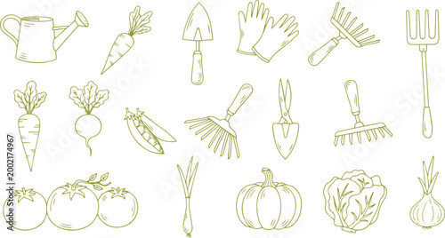 Garden tools and vegetables doodle icon set vector illustration
