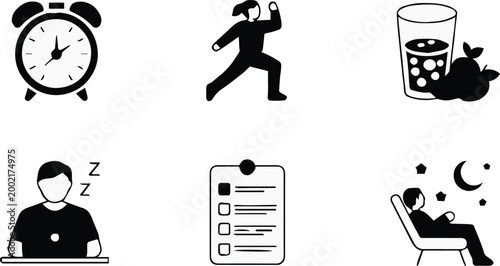 routine icons for daily habits alarm exercise water work rest
