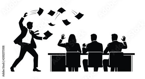 businessman throwing papers at colleagues in office silhouette high quality professional detailed modern elegant stylish clean crisp vibrant colorful digital creative
