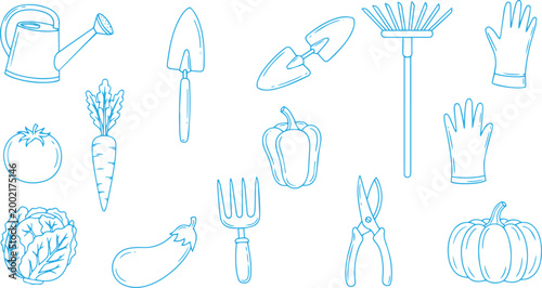 Garden tools and vegetables doodle icon set vector illustration