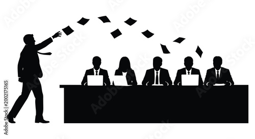 business meeting with presenter throwing papers silhouette high quality professional detailed modern elegant stylish clean crisp vibrant colorful digital creative innovative