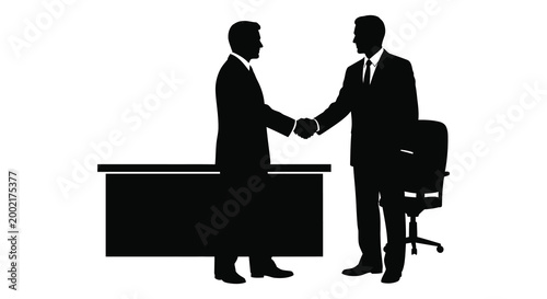 two businessmen shaking hands at desk silhouette high quality professional detailed modern elegant stylish clean crisp vibrant colorful digital creative innovative